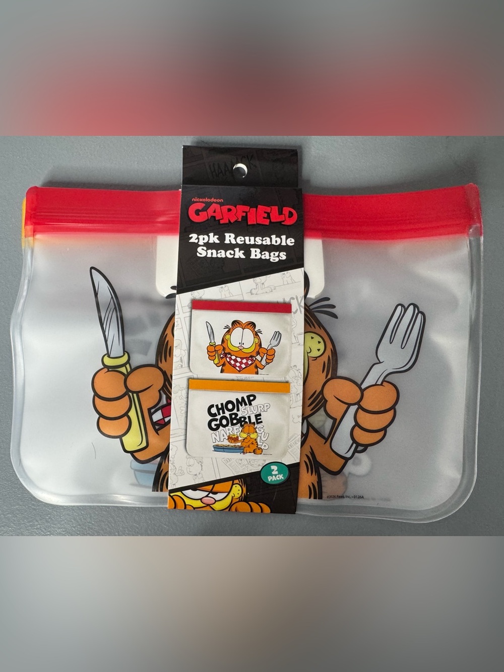 Garfield 2-Pack Reusable Snack Bags - Red Zip Seal cat chomp travel on the go